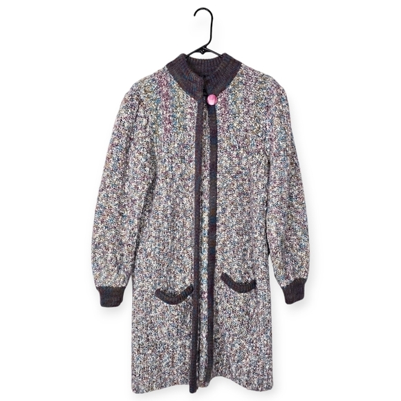Vintage Confetti Boucle Knit Chunky Open Front Long Line Cardigan Coatigan - Picture 1 of 9
